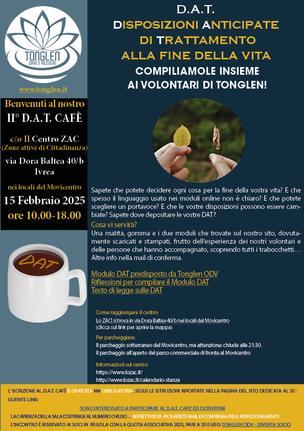 Locandina del secondo DAT Caf&eacute; di Tonglen a Ivrea, 15 febbraio 2025, presso il centro ZAC