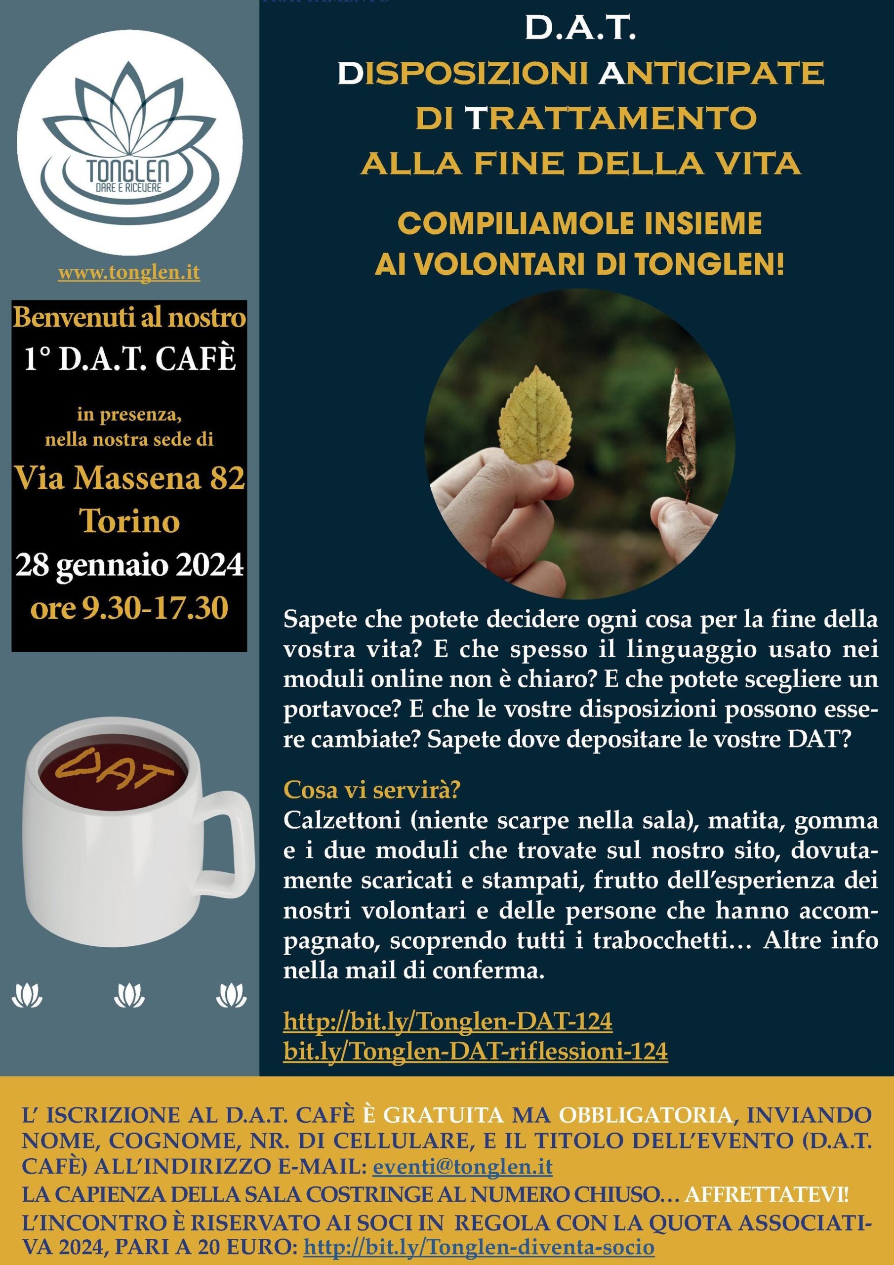 Locandina del primo DAT Caf&eacute; di Tonglen per compilare insieme le Disposizioni Anticipate di Trattamento