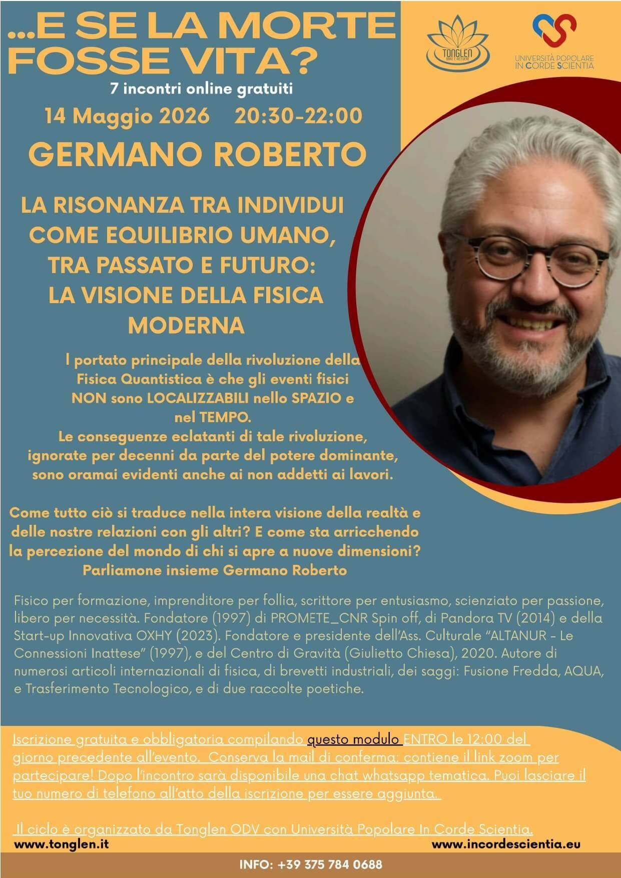Locandina dell&rsquo;incontro online del 14 maggio 2026 con Roberto Germano, con foto e breve curriculum del relatore