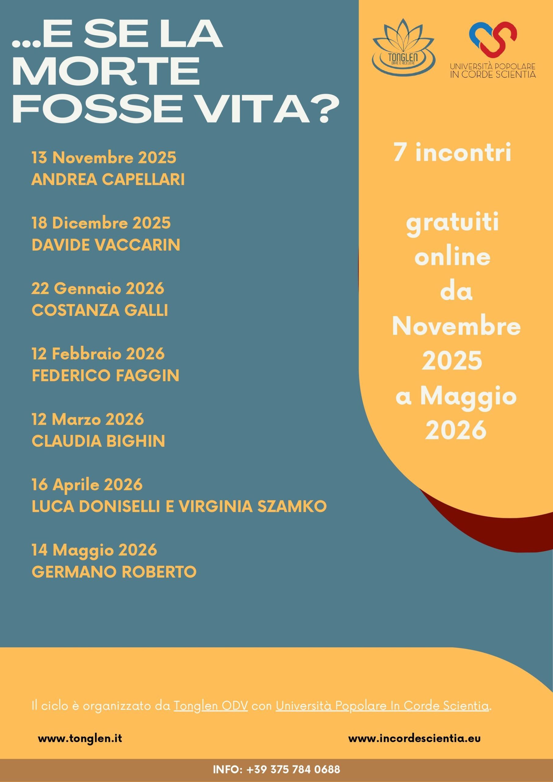 Locandina del ciclo di conferenze online &hellip;E se la morte fosse vita? 2025-2026 con il calendario dei sette incontri